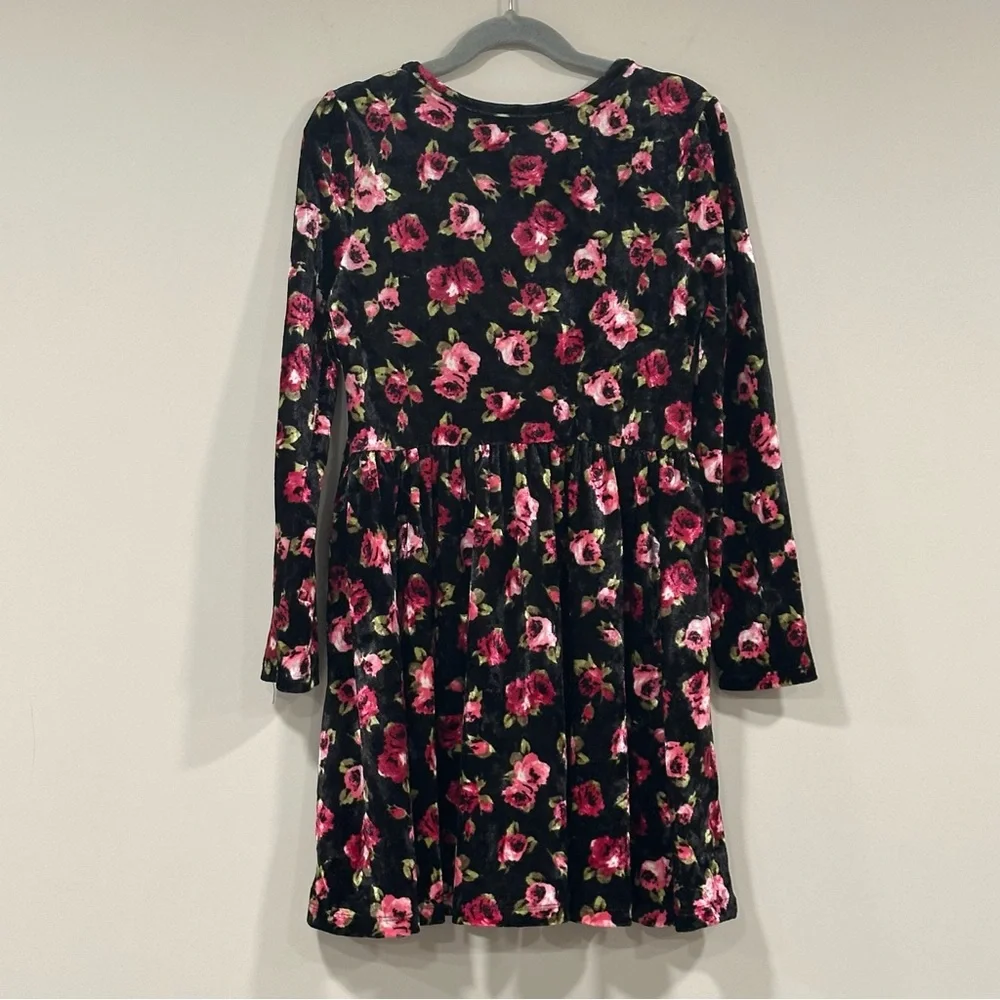 THE CHILDREN’s PLACE Black Velvet Pink Rose Long Sleeve Dress Size Medium 7/8